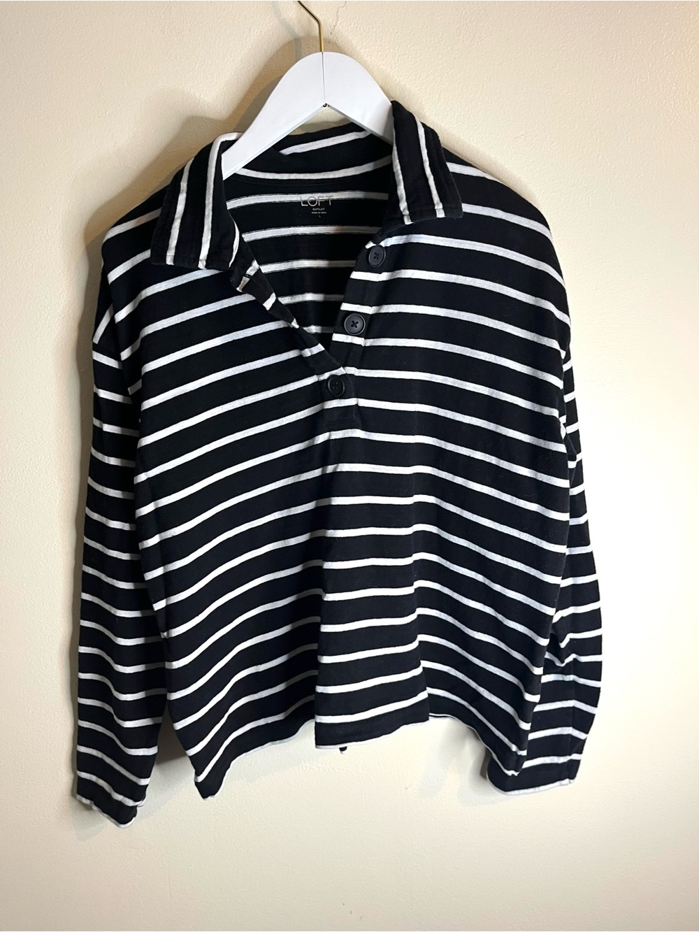Loft Outlet Women’s Black White Striped Preppy Polo Academic Boxy Shirt Size Lg